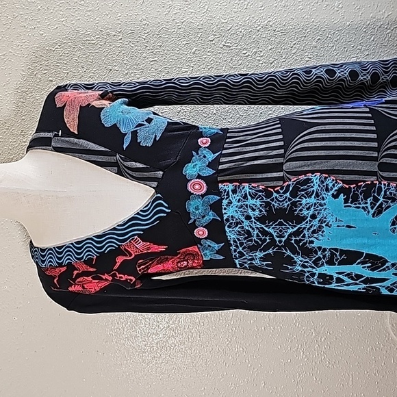 Desigual Multi Color Print Long Sleeve Black Midi Dress - Picture 2 of 10